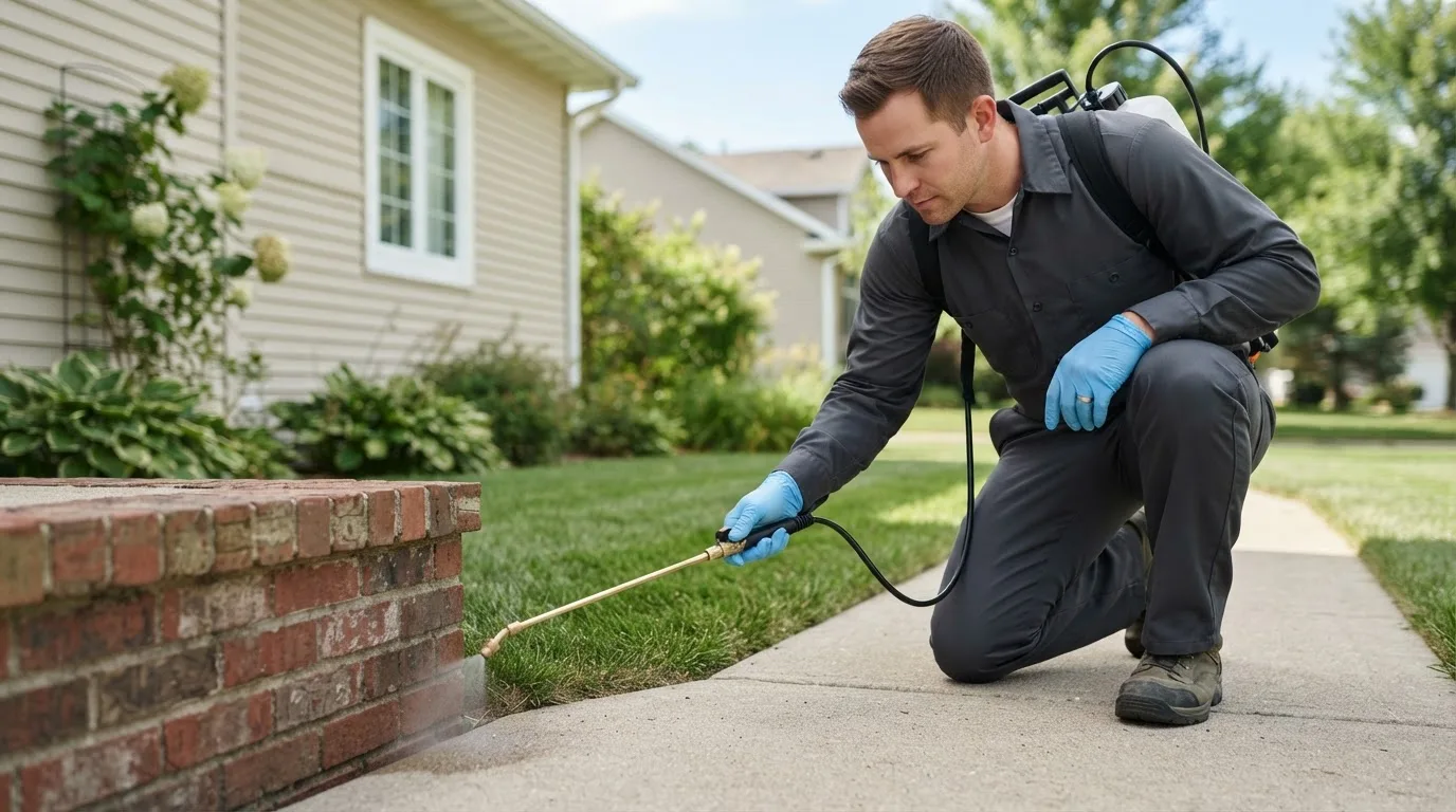 Pest control technician treating a home near Starrucca, PA